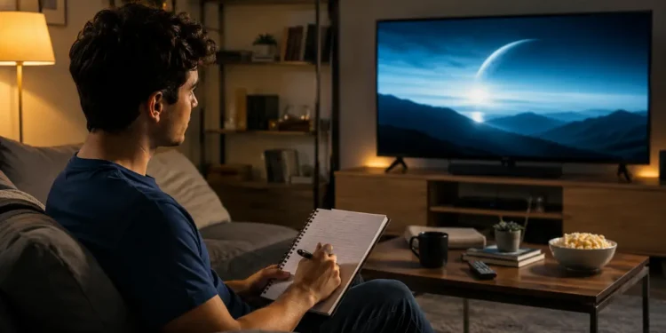 Estudante assiste a um filme enquanto faz anotações para ampliar o repertório para a redação do Enem 2026.