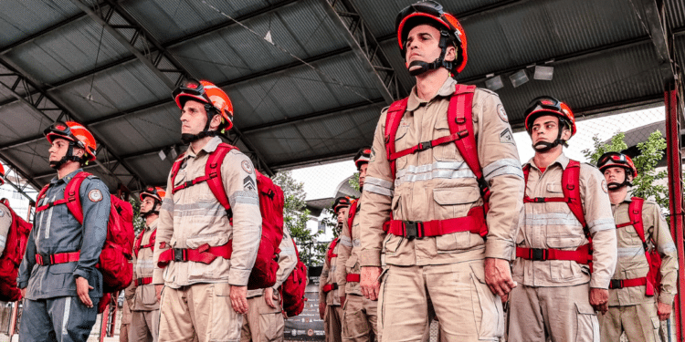 Bombeiros militares uniformizados durante treinamento em corporação de segurança pública.