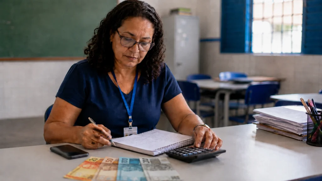 Docente participante da RIE utiliza calculadora enquanto analisa valores, com cédulas sobre a mesa, representando o pagamento por meio do Auxílio de Avaliação Educacional (AAE).
