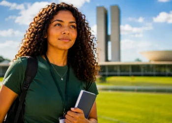 Jovem estudante com mochila em frente ao Congresso Nacional representando projeto de reserva de vagas para jovens no primeiro emprego no setor público.
