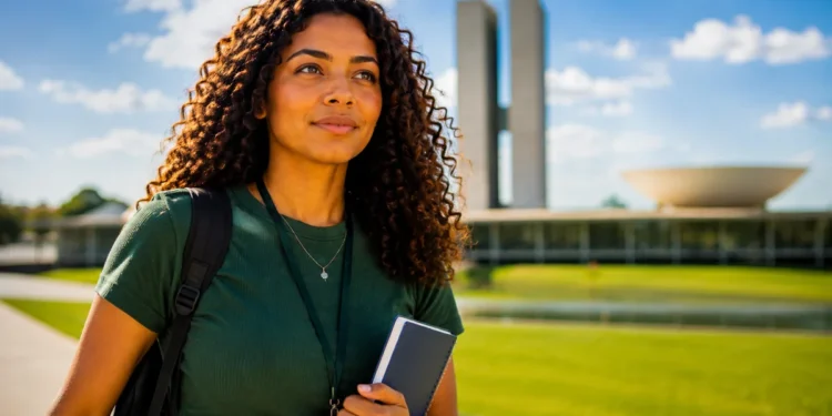Jovem estudante com mochila em frente ao Congresso Nacional representando projeto de reserva de vagas para jovens no primeiro emprego no setor público.