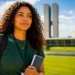 Jovem estudante com mochila em frente ao Congresso Nacional representando projeto de reserva de vagas para jovens no primeiro emprego no setor público.