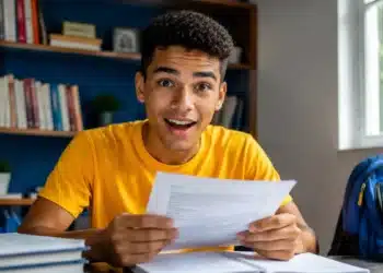 Estudante surpreso representa a divulgação, pela Fuvest, do resultado da isenção da taxa do Vestibular 2027 da USP.