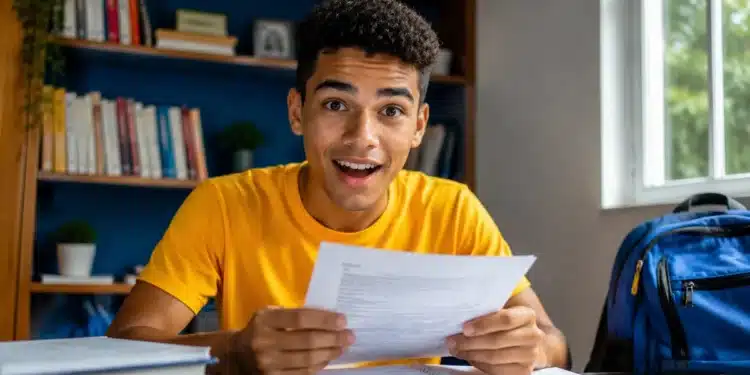 Estudante surpreso representa a divulgação, pela Fuvest, do resultado da isenção da taxa do Vestibular 2027 da USP.