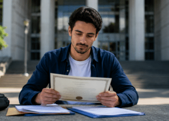 Jovem analisa um diploma universitário em frente a uma universidade durante o processo de revalidação no Brasil.