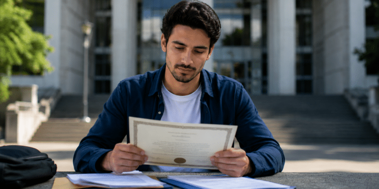 Jovem analisa um diploma universitário em frente a uma universidade durante o processo de revalidação no Brasil.