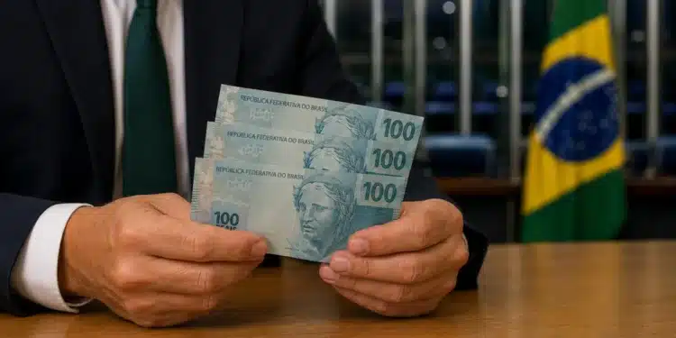Homem de terno segura três cédulas de R$ 100 em ambiente institucional com bandeira do Brasil ao fundo