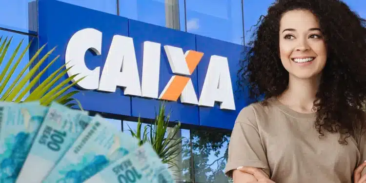 Imagem ilustrativa de mulher sorrindo diante da fachada da Caixa, com notas de cem reais, referência ao saque calamidade do FGTS operado pelo banco