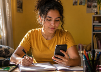 Imagem ilustrativa de estudante fazendo anotações em caderno enquanto consulta o celular no quarto, em referência ao simulado gratuito do Enem disponível no Gemini