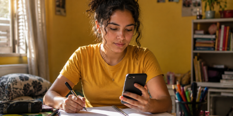 Imagem ilustrativa de estudante fazendo anotações em caderno enquanto consulta o celular no quarto, em referência ao simulado gratuito do Enem disponível no Gemini