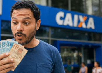 Imagem ilustrativa de homem surpreso segurando cédulas de real em leque diante da fachada de uma agência da Caixa, referência ao dinheiro esquecido disponível para resgate