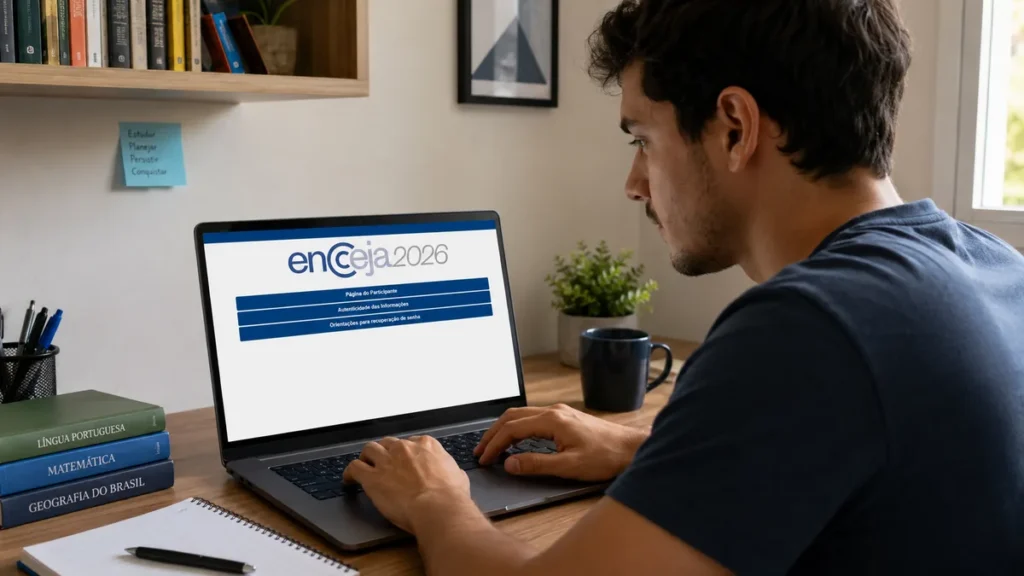 Candidato acessa a Página do Participante do Encceja 2026 pelo notebook, representando a solicitação de reaplicação do exame.