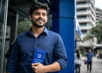Homem segurando carteira de trabalho em frente a prédio comercial representa o avanço do mercado de trabalho brasileiro.