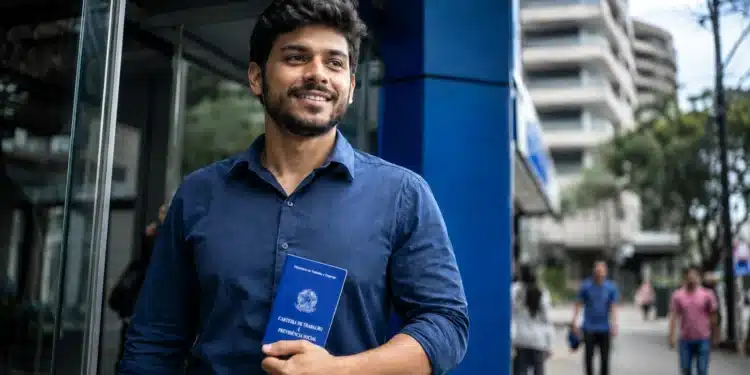 Homem segurando carteira de trabalho em frente a prédio comercial representa o avanço do mercado de trabalho brasileiro.