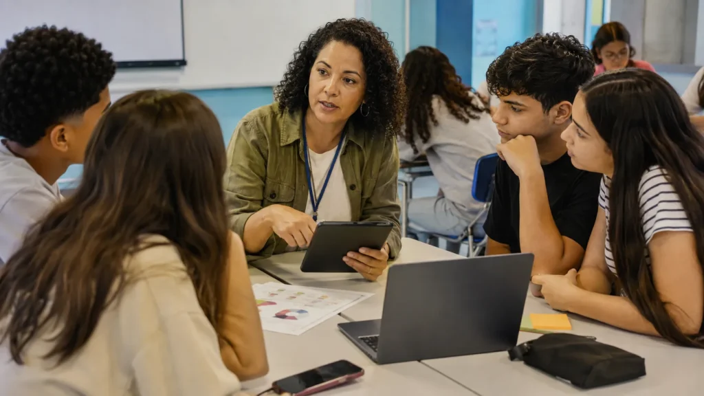 Professora e estudantes participam de atividade sobre educação digital e segurança na internet em sala de aula
