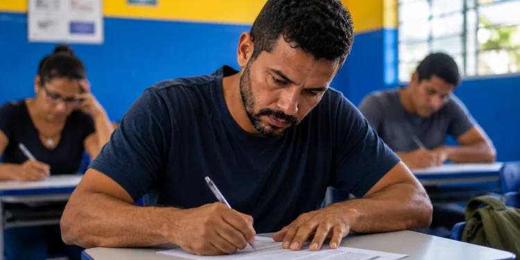 Estudante adulto escrevendo durante prova do Encceja 2026 em sala de aula
