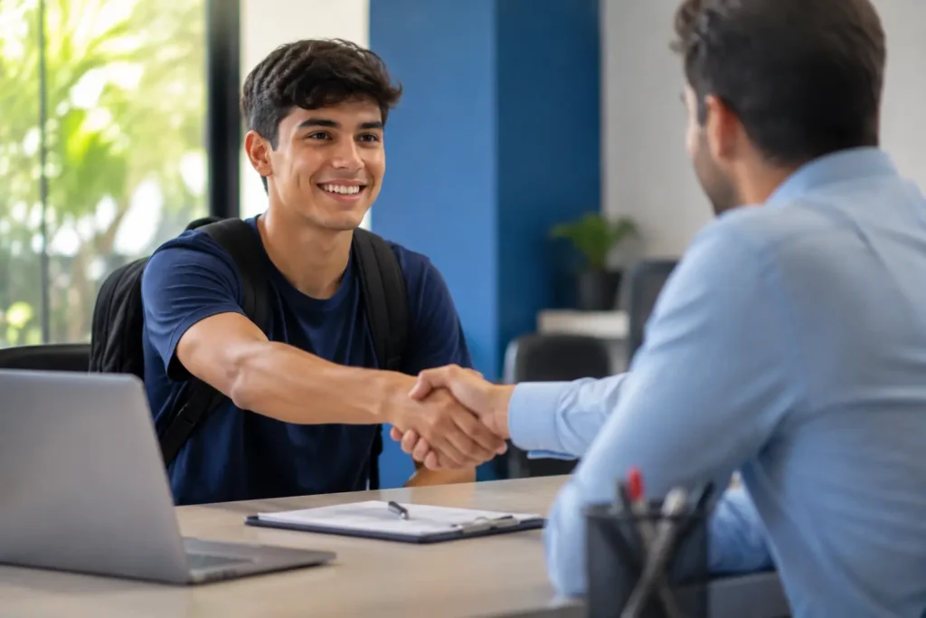Jovem assinando contrato de trabalho em reunião profissional com representante de empresa