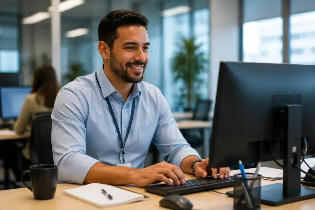 Trabalhador formal em escritório utilizando computador representa empregos com carteira assinada no Brasil