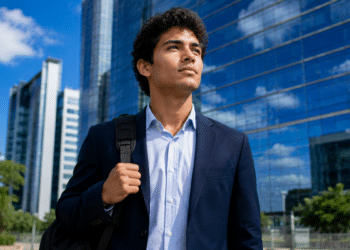 Imagem ilustrativa de jovem profissional de terno com mochila caminhando diante de prédios corporativos envidraçados, cena ligada à abertura de programa de trainee.