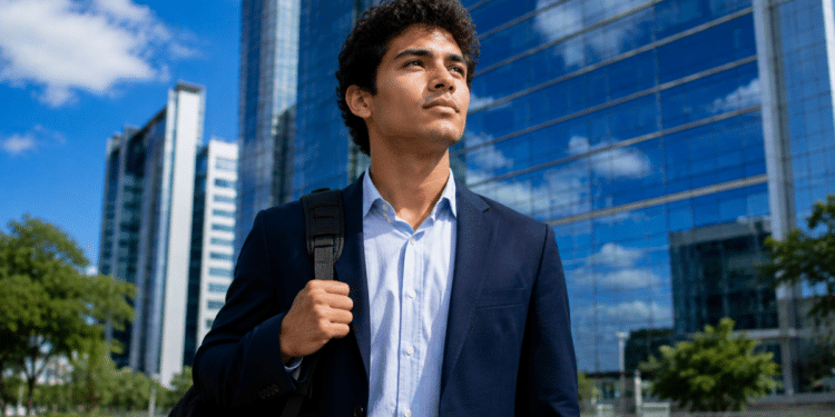 Imagem ilustrativa de jovem profissional de terno com mochila caminhando diante de prédios corporativos envidraçados, cena ligada à abertura de programa de trainee.