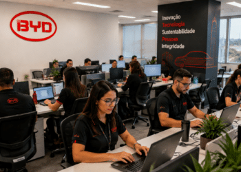 Funcionários trabalham em escritório da BYD durante expansão de vagas de emprego na Bahia.