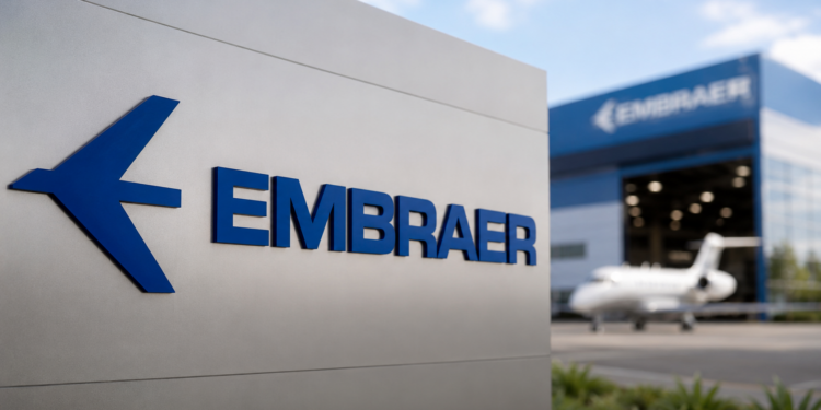 Logo da Embraer em destaque, representando a abertura de 200 vagas de estágio com bolsa de R$ 2 mil.
