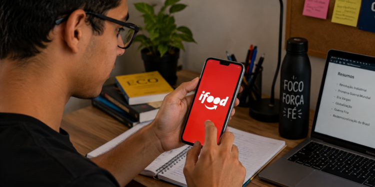 Estudante acessa o aplicativo do iFood pelo celular durante rotina de estudos.