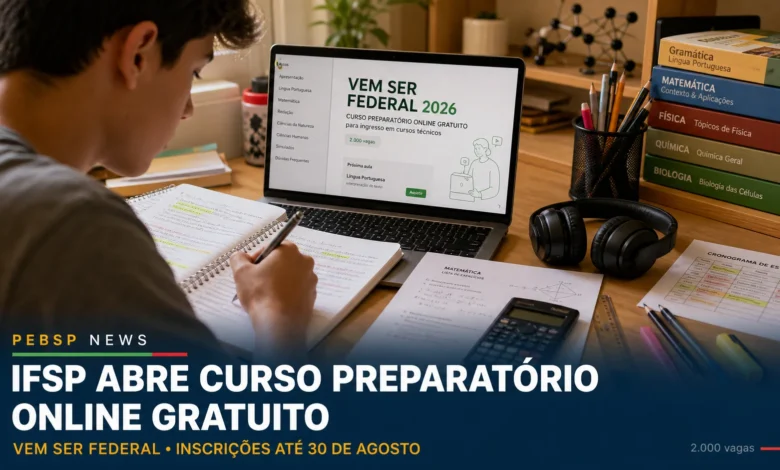 Imagem ilustrativa de estudante diante de notebook com a página do Vem Ser Federal 2026, preparatório gratuito do IFSP para cursos técnicos, cercado de cadernos, livros de gramática, matemática, física, química e biologia.