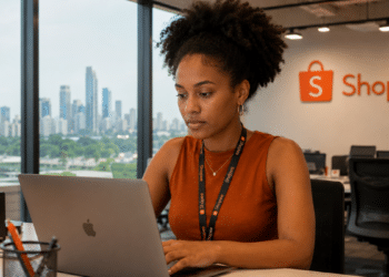 Jovem trabalha em escritório da Shopee em São Paulo durante período de inscrições para o Graduate Development Program 2027.