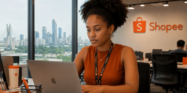 Jovem trabalha em escritório da Shopee em São Paulo durante período de inscrições para o Graduate Development Program 2027.