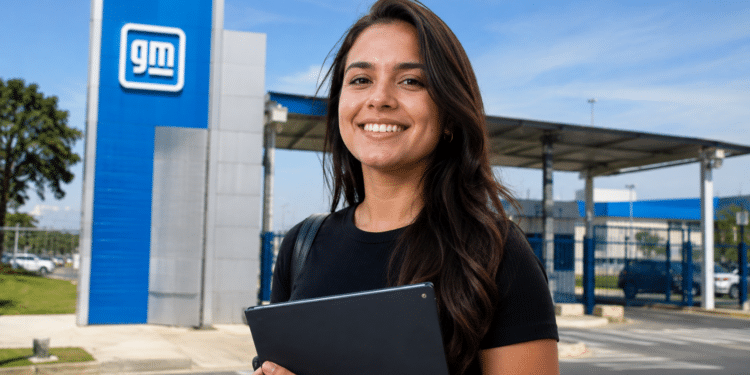 Imagem ilustrativa de jovem profissional sorridente segurando um tablet diante da entrada de uma unidade da General Motors.