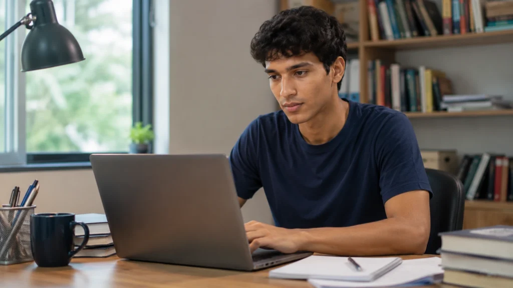 Estudante usa notebook representando a inscrição para o Vestibular FGV 2027.