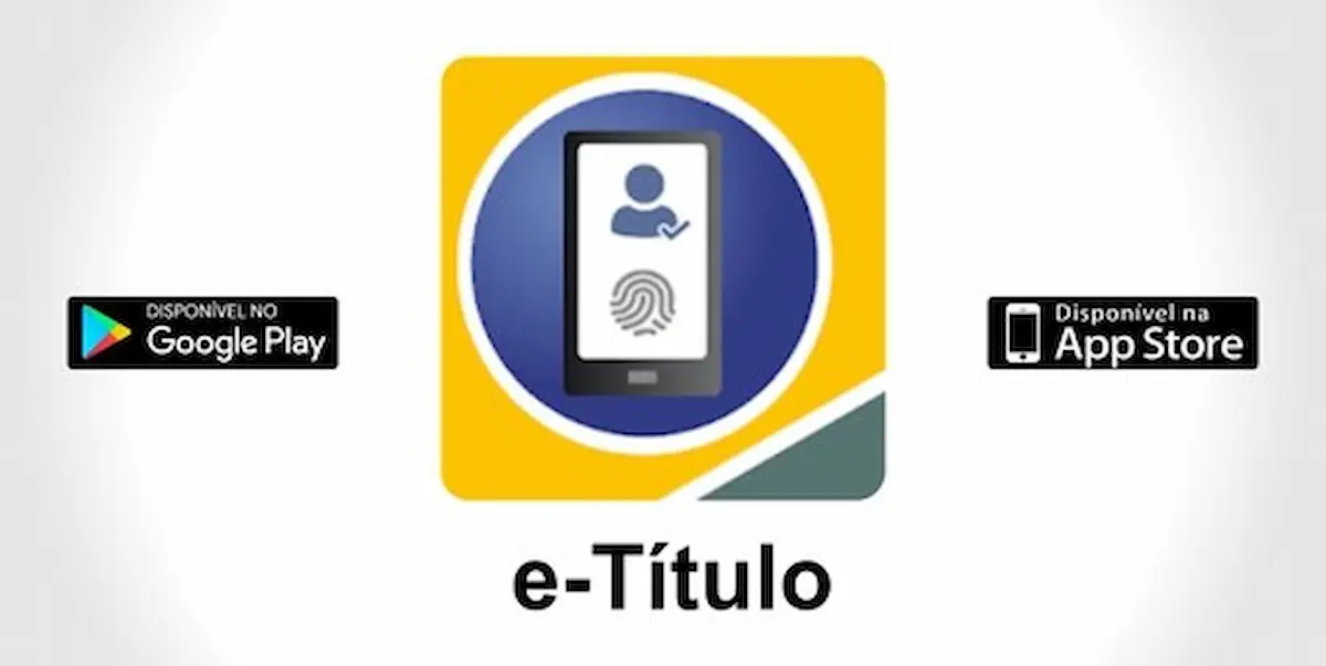 Logo do e-Título em destaque com ícone de impressão digital e usuário, disponível para Android e iOS.