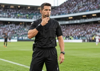 Árbitro esportivo de futebol em campo durante partida, representando a atuação dos profissionais da arbitragem e o cumprimento das regras do jogo.