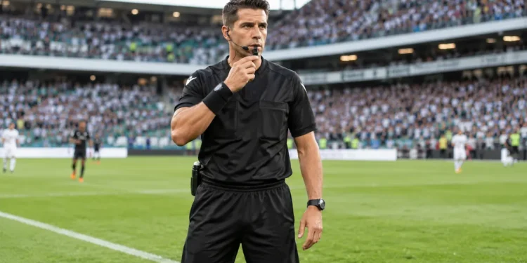 Árbitro esportivo de futebol em campo durante partida, representando a atuação dos profissionais da arbitragem e o cumprimento das regras do jogo.