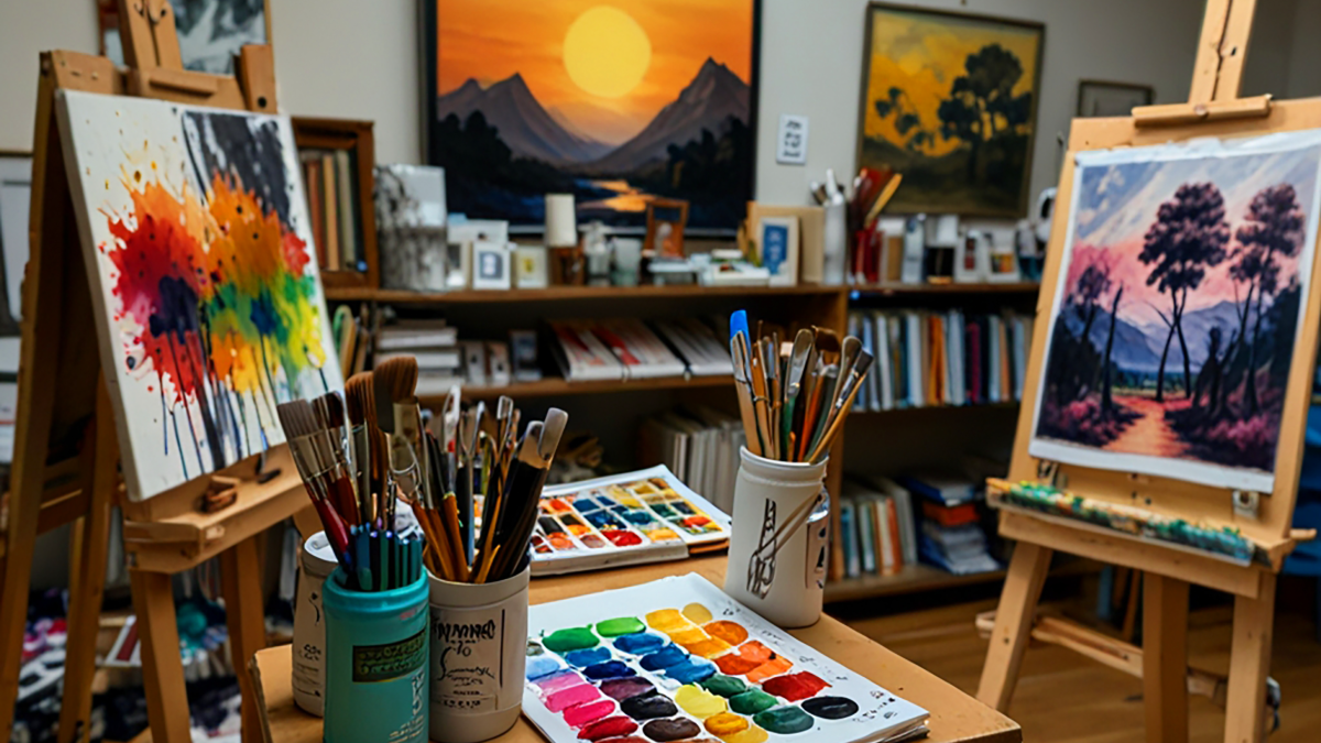 Ateliê de pinturas repleto de obras coloridas e pincéis organizados.