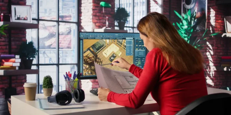Arquiteta desenvolve projeto digital e físico em escritório moderno.