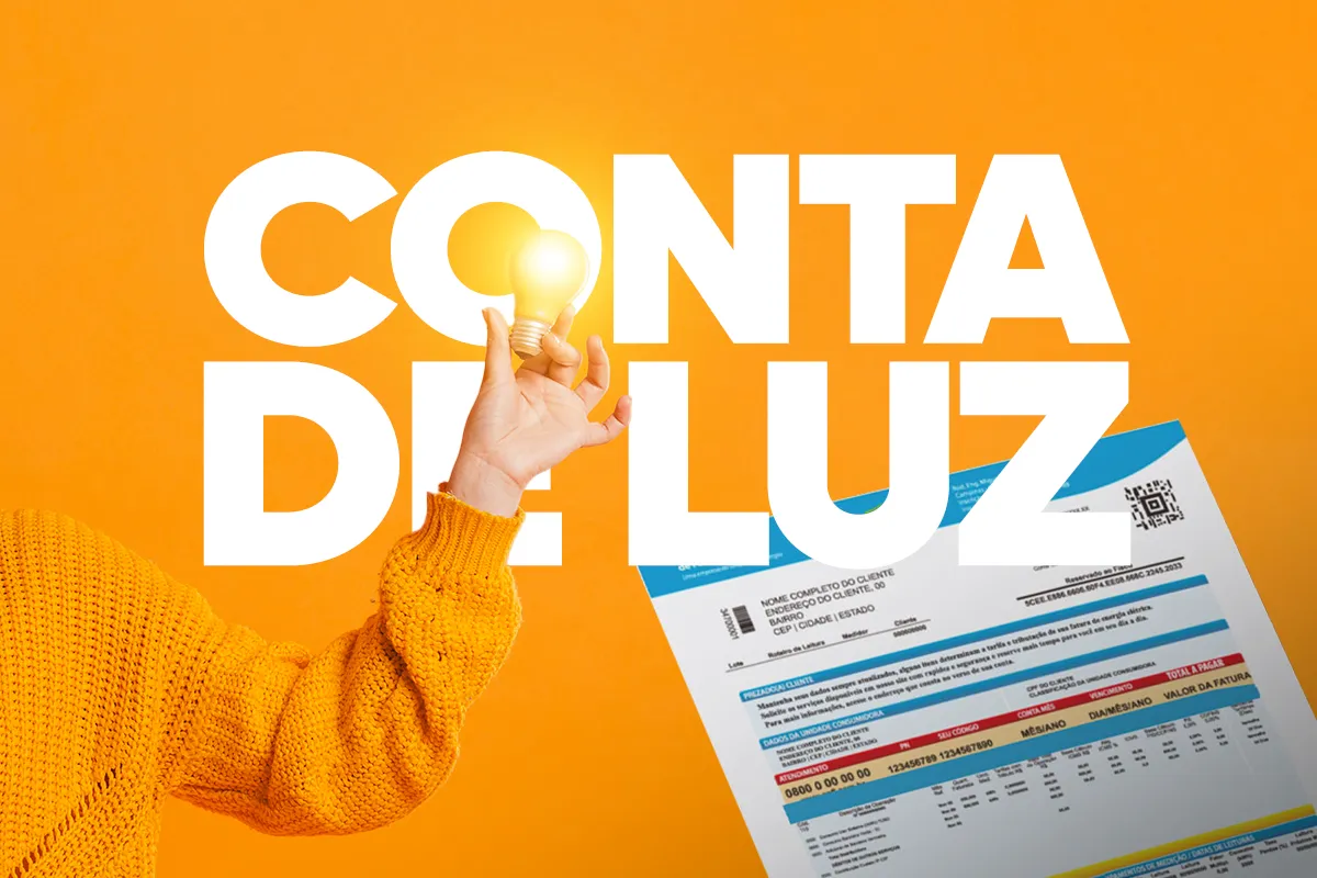 Mão segurando lâmpada acesa em frente à conta de luz com fundo laranja e texto grande.