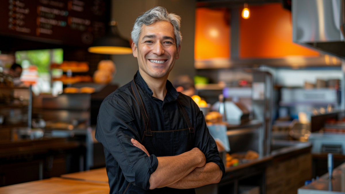 Homem sorrindo e de braços cruzados dentro de um restaurante.