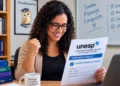 Professora comemora inscrição em concurso público da UNESP.