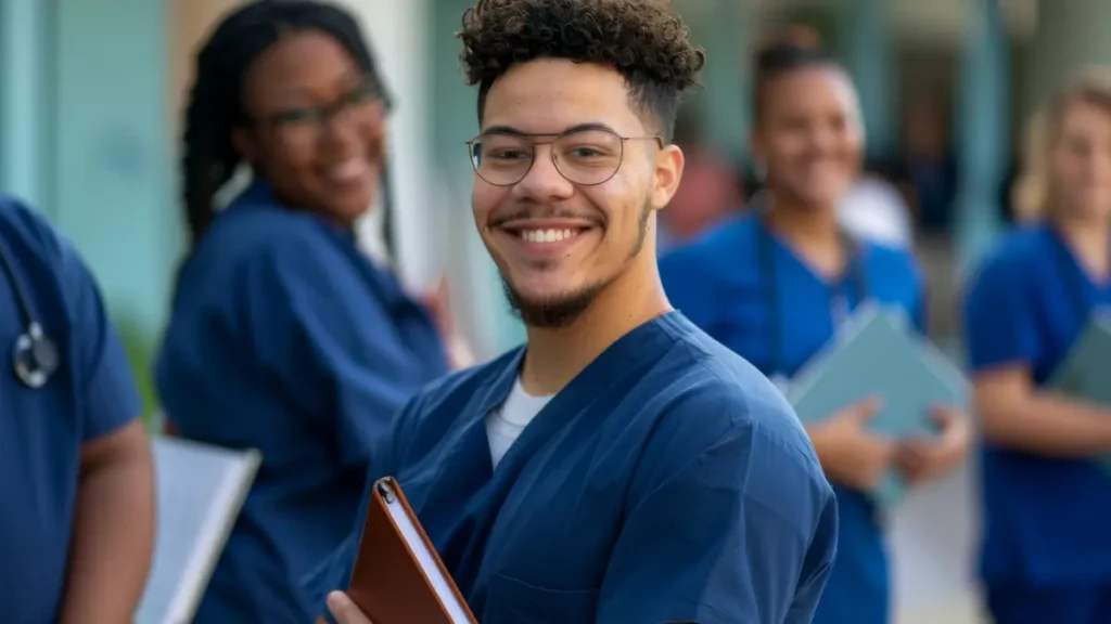 Estudantes de enfermagem universitários sorrindo em ambiente acadêmico.