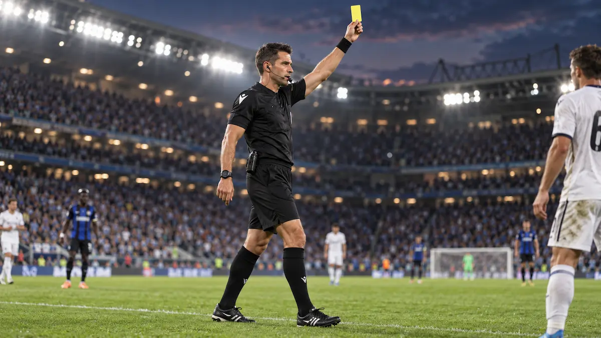 Árbitro esportivo mostrando cartão amarelo durante partida de futebol, representando a aplicação das regras e o controle das infrações no jogo.