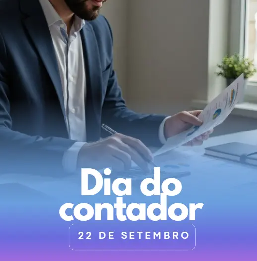 Homem de terno analisando gráfico em mesa de escritório, texto Dia do Contador 22 de setembro.
