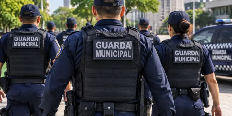 Grupo de guardas municipais uniformizados patrulha rua arborizada com viatura à direita, simbolizando a escolha da banca do concurso Guarda de Recife