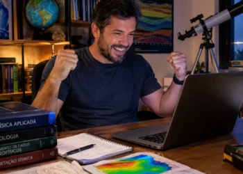 Homem comemora sorrindo diante do notebook em seu ambiente de estudos, cercado por livros, mapas, globo terrestre e instrumentos científicos.