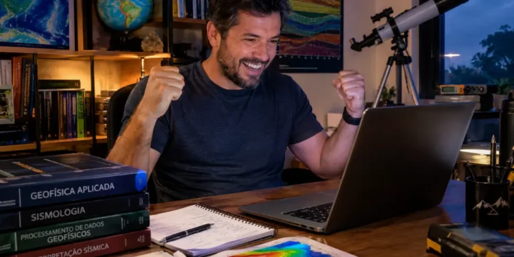 Homem comemora sorrindo diante do notebook em seu ambiente de estudos, cercado por livros, mapas, globo terrestre e instrumentos científicos.