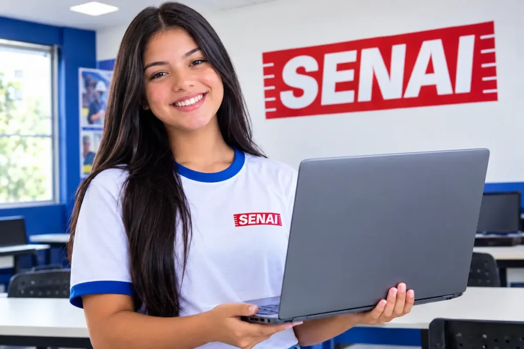 Jovem sorridente segura um notebook em uma sala de aula moderna, com o logotipo do SENAI em destaque ao fundo.