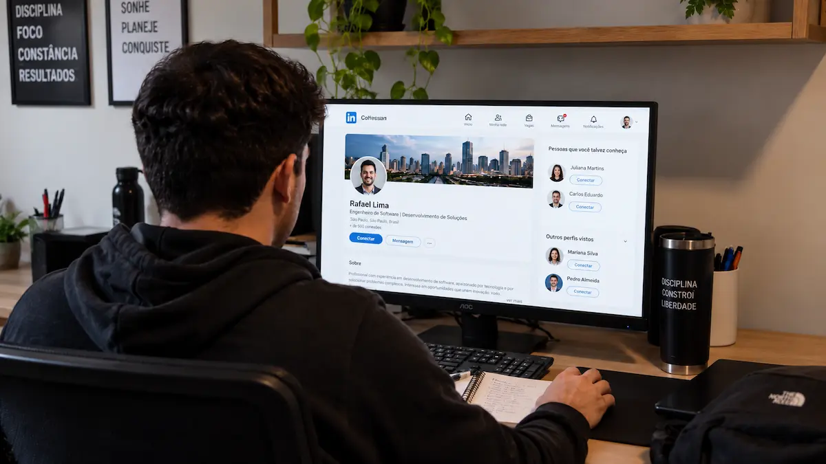 Pessoa acessando o LinkedIn pelo computador para gerenciar conexões profissionais e buscar oportunidades de estágio.