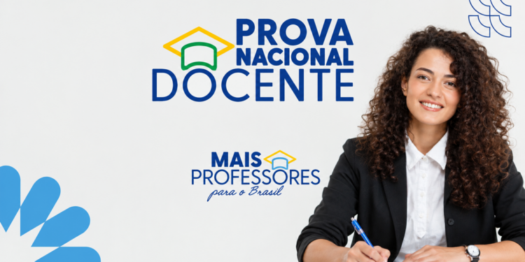 Arte de divulgação da Prova Nacional Docente 2026 com a marca do programa Mais Professores para o Brasil e uma professora sorridente escrevendo