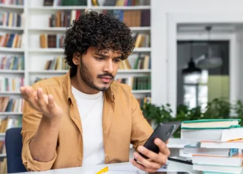 Estudante consulta o celular com expressão de dúvida sobre pagamento do Pé-de-Meia de agosto.